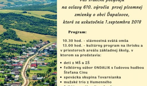 610. výročie prvej písomnej zmienky o obci Ďapalovce